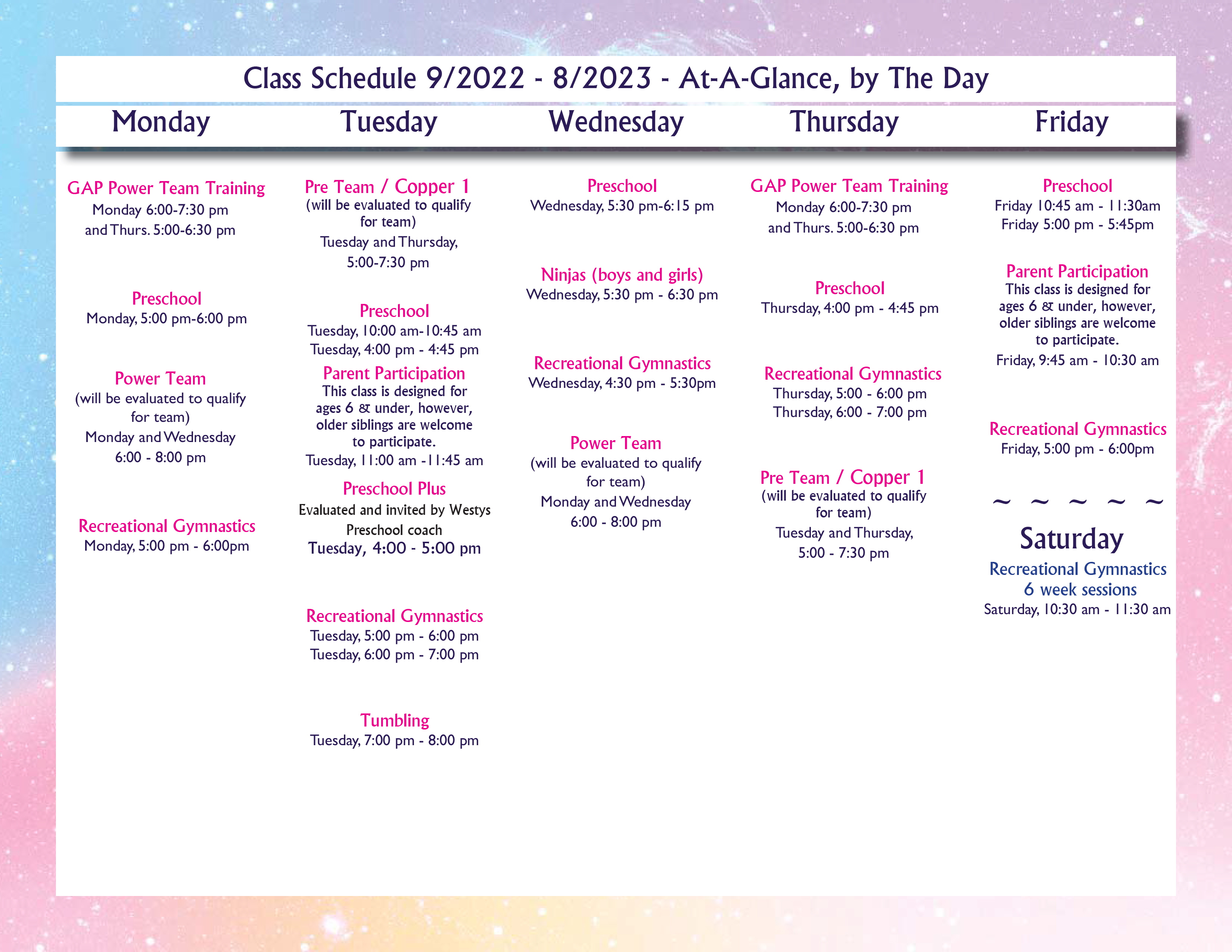 Westys Gymnastics - 2022-2023 Class Schedule